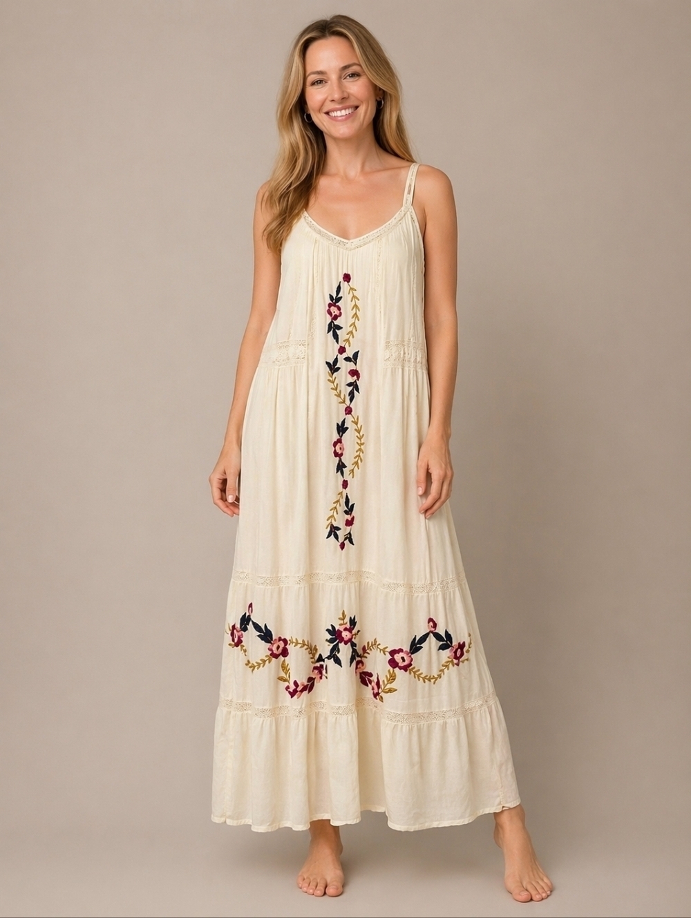 VTG NANETTE LEPORE Cream Floral Embroidered Lace Camisole Boho Slip Dress